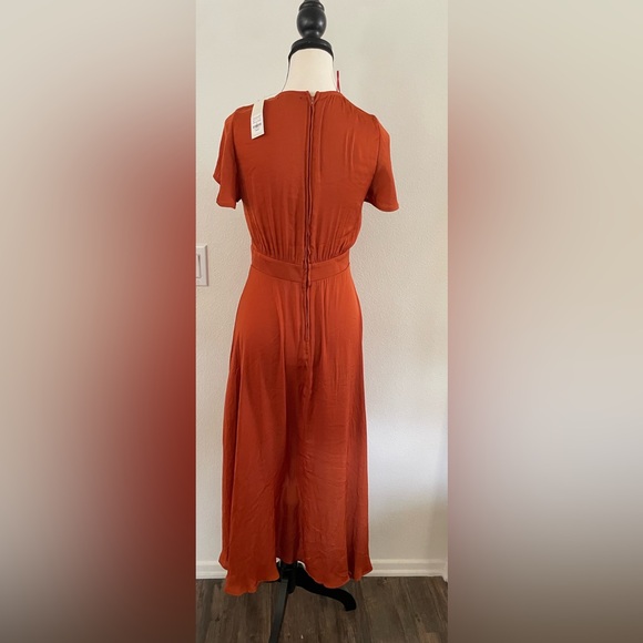 Francesca's rust-orange satin flutter sleeve high-low midi dress front tie knot - Picture 2 of 12
